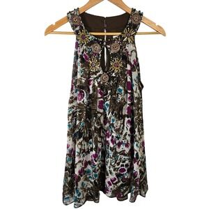 ECI New York Womens Tank Top Size 6 Embellished Neckline Floral Print Sleeveless